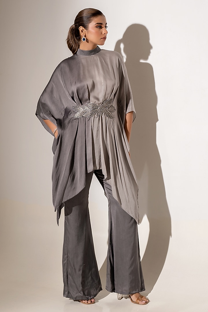 Grey Ombre Satin Embroidered Drape Tunic Set by K-ANSHIKA Jaipur at Pernia's Pop Up Shop