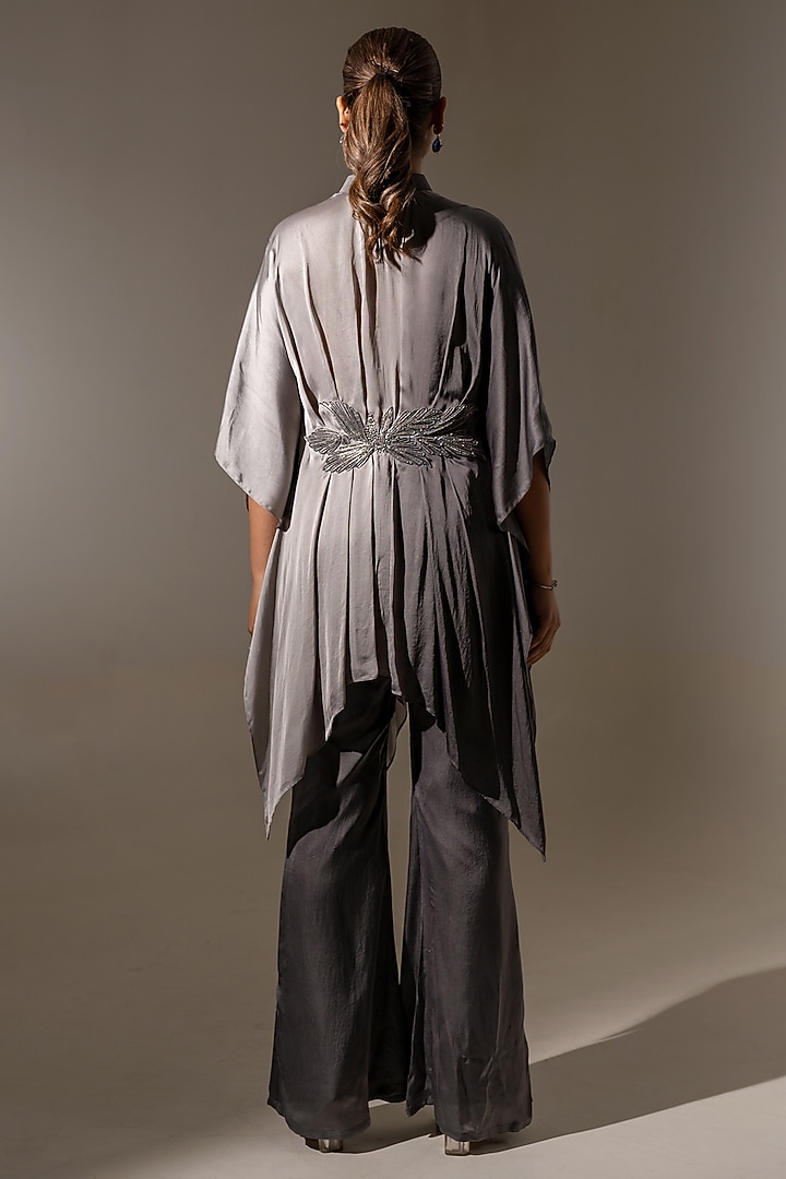 Grey Ombre Satin Embroidered Drape Tunic Set by K-ANSHIKA Jaipur at Pernia's Pop Up Shop