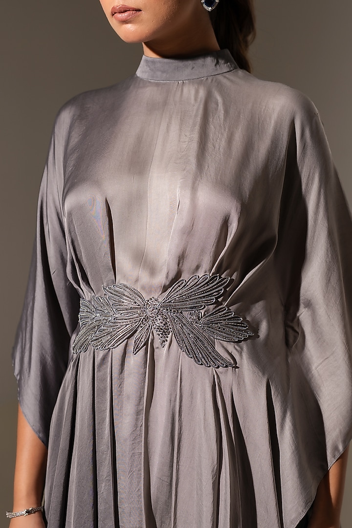 Grey Ombre Satin Embroidered Drape Tunic Set by K-ANSHIKA Jaipur at Pernia's Pop Up Shop