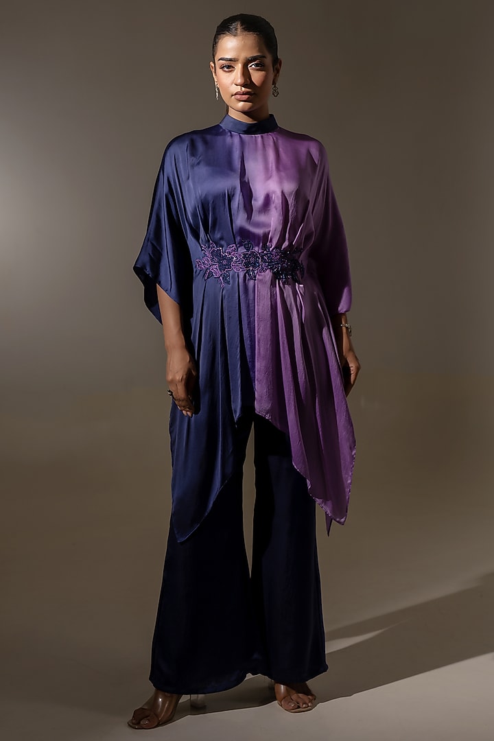 Blue & Purple Ombre Satin Embroidered Drape Tunic Set by K-ANSHIKA Jaipur at Pernia's Pop Up Shop
