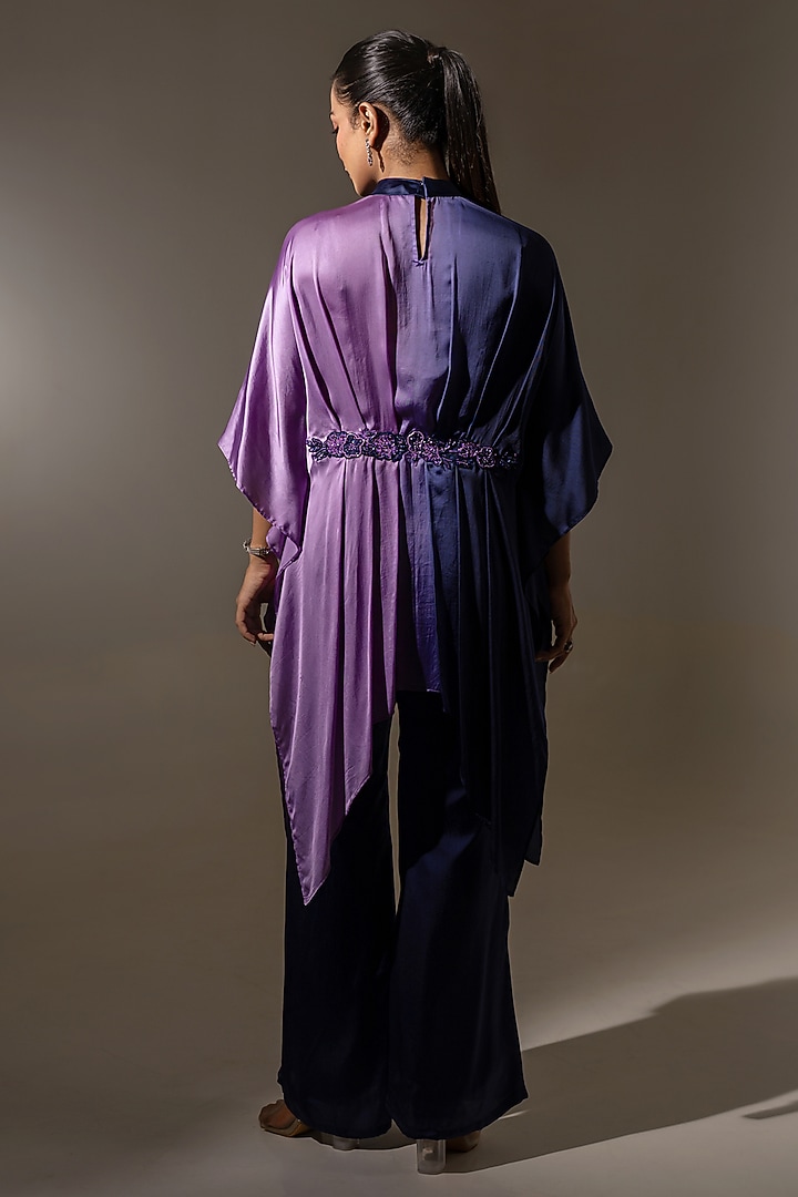 Blue & Purple Ombre Satin Embroidered Drape Tunic Set by K-ANSHIKA Jaipur at Pernia's Pop Up Shop