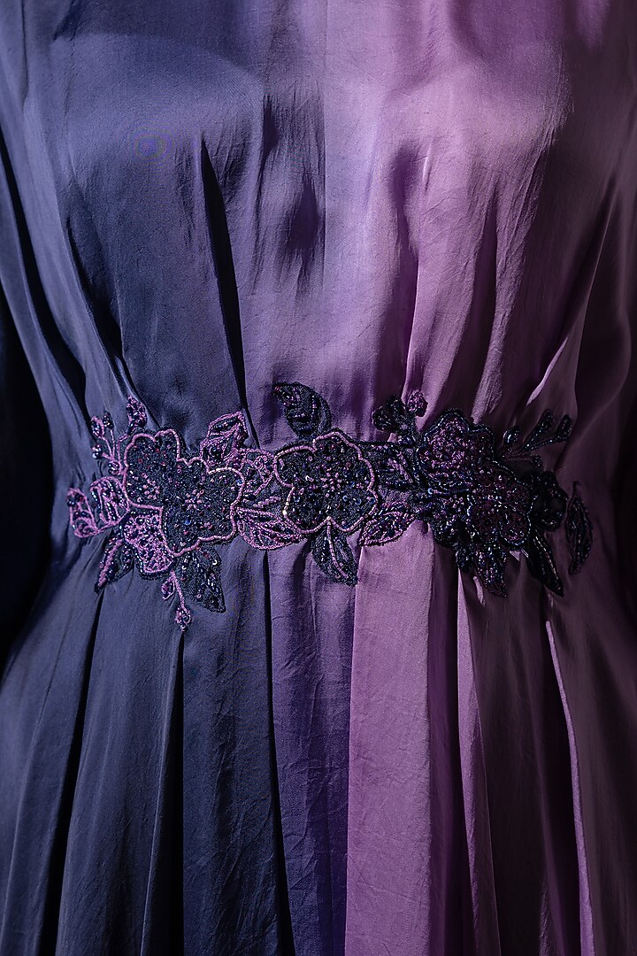 Blue & Purple Ombre Satin Embroidered Drape Tunic Set by K-ANSHIKA Jaipur at Pernia's Pop Up Shop