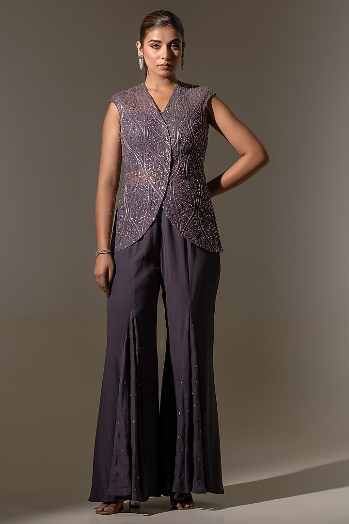 Violet Crepe Net Sequin Embellished Jacket Set by K-ANSHIKA Jaipur at Pernia's Pop Up Shop