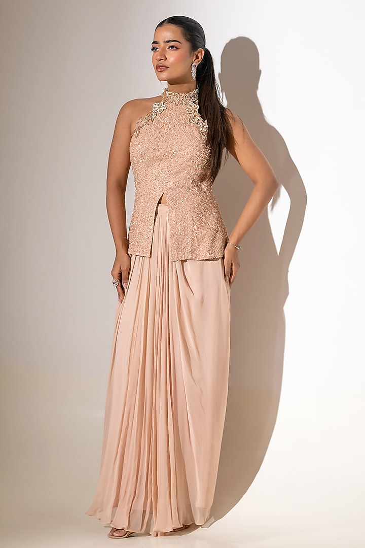 Light Pink Georgette Net Sequin Embellished Drape Skirt Set by K-ANSHIKA Jaipur at Pernia's Pop Up Shop
