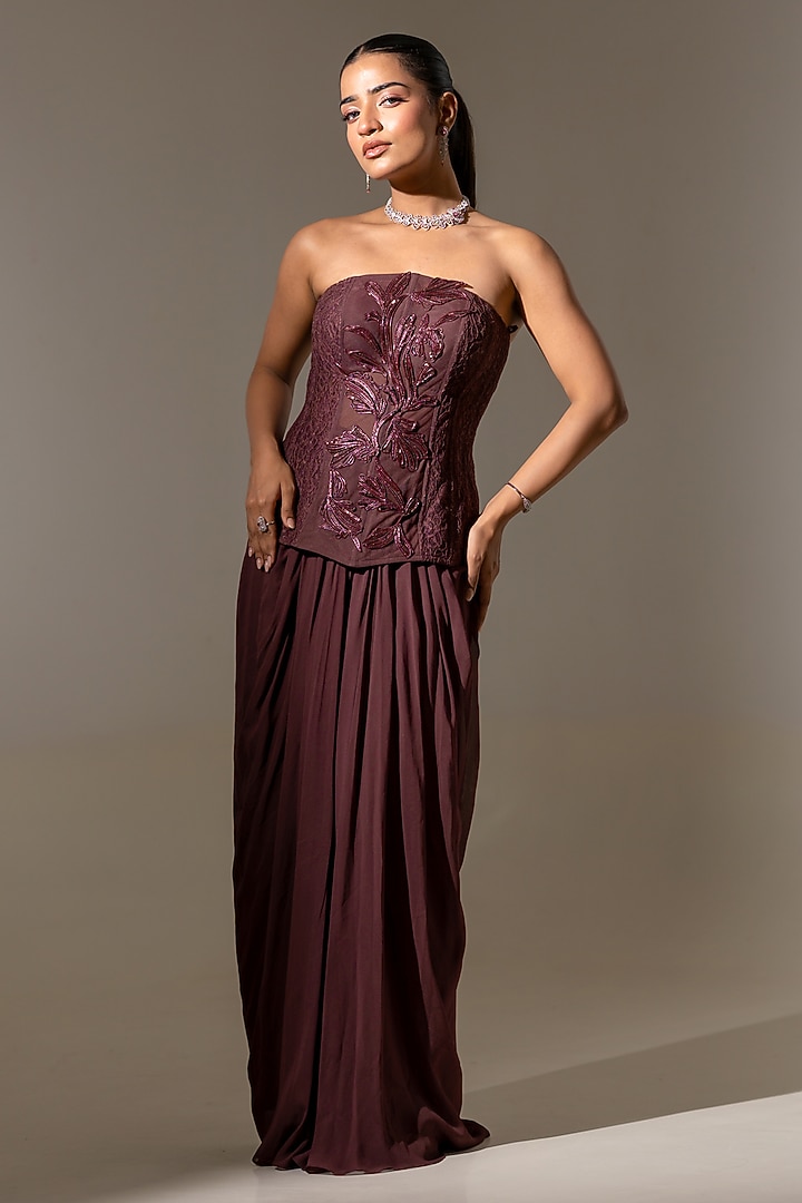Brown Georgette & Net Floral Embroidered Drape Skirt Set by K-ANSHIKA Jaipur at Pernia's Pop Up Shop