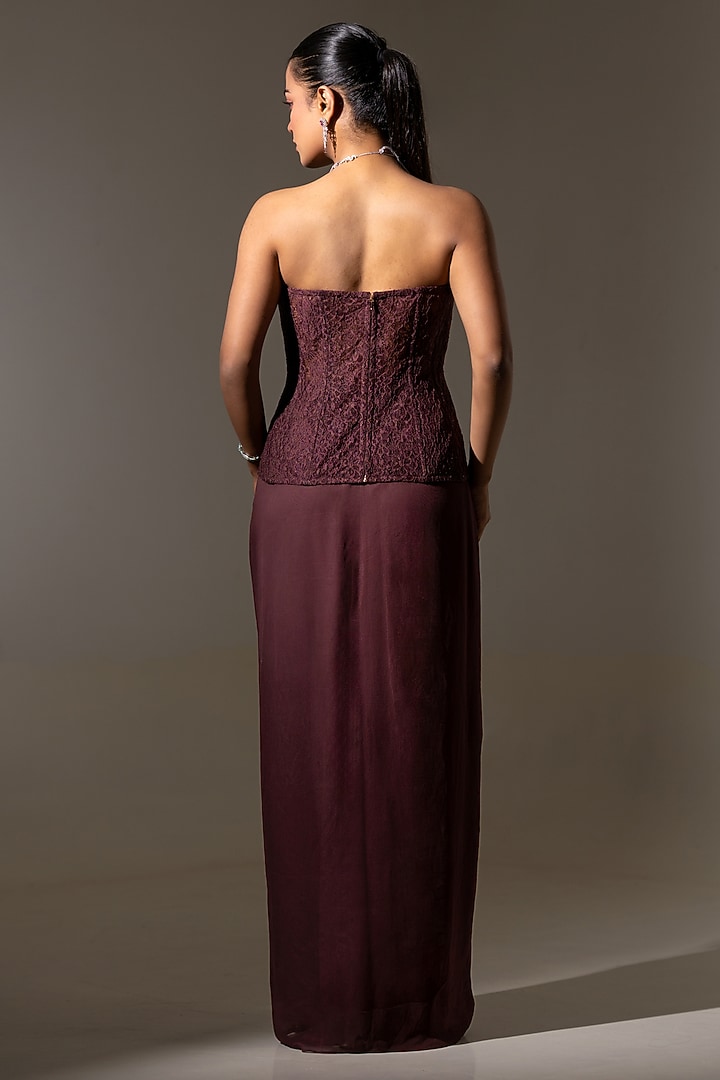 Brown Georgette & Net Floral Embroidered Drape Skirt Set by K-ANSHIKA Jaipur at Pernia's Pop Up Shop