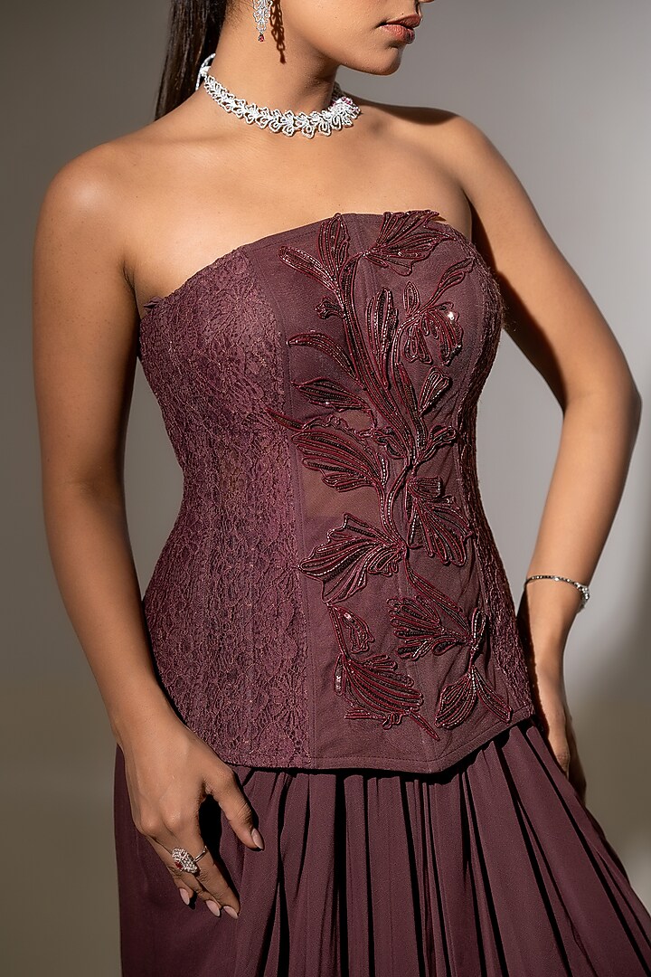 Brown Georgette & Net Floral Embroidered Drape Skirt Set by K-ANSHIKA Jaipur at Pernia's Pop Up Shop