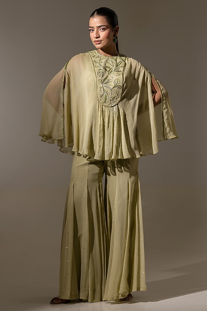 Pista Green Georgette Floral Embroidered Flared Wedding Sharara Set by K-ANSHIKA Jaipur at Pernia's Pop Up Shop