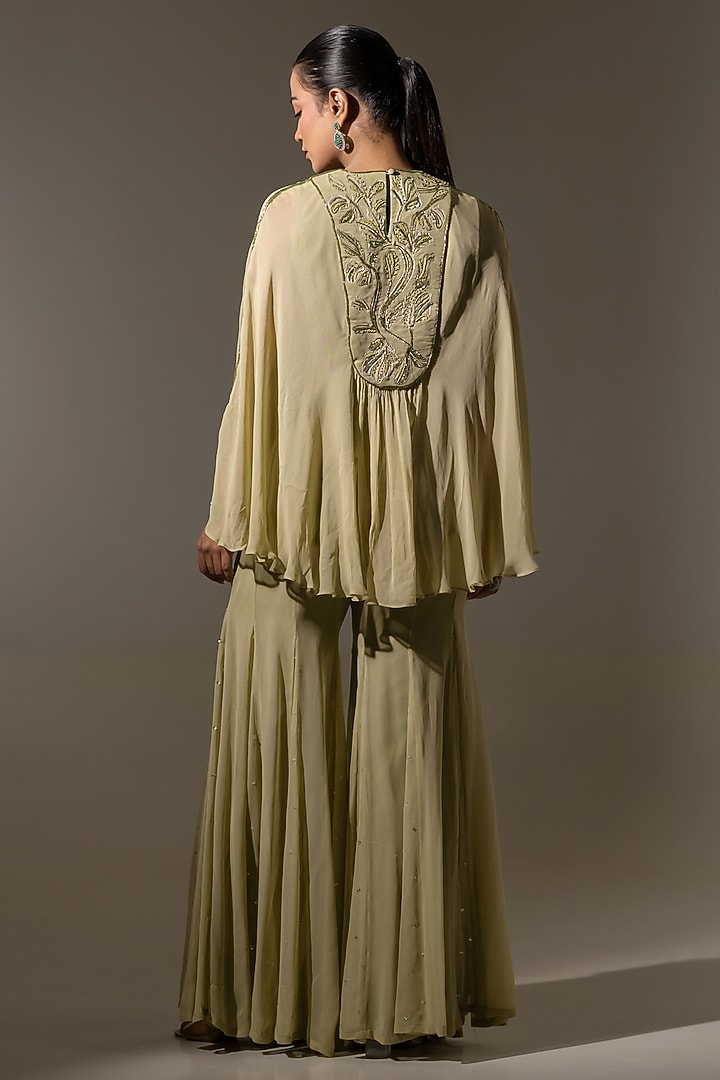 Pista Green Georgette Floral Embroidered Flared Wedding Sharara Set by K-ANSHIKA Jaipur at Pernia's Pop Up Shop