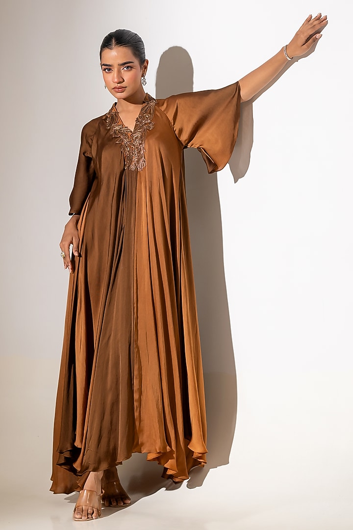 Brown Satin Ombre Embellished Engagement Gown by K-ANSHIKA Jaipur at Pernia's Pop Up Shop