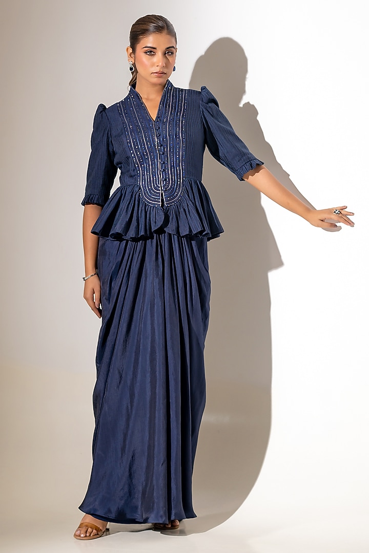 Blue Viscose Silk Embellished Draped Skirt Set by K-ANSHIKA Jaipur at Pernia's Pop Up Shop
