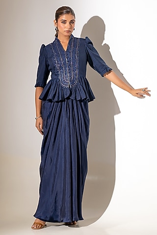 Blue Viscose Silk Embellished Draped Skirt Set by K-ANSHIKA Jaipur