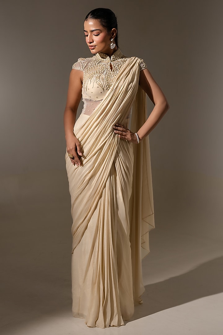 Off White Georgette Net Embellished Drape Wedding Gown Saree by K-ANSHIKA Jaipur at Pernia's Pop Up Shop