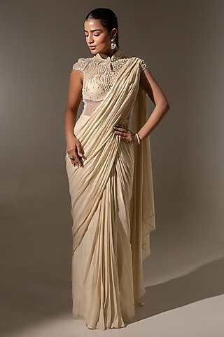 Off White Georgette Net Embellished Drape Gown Saree by K-ANSHIKA Jaipur