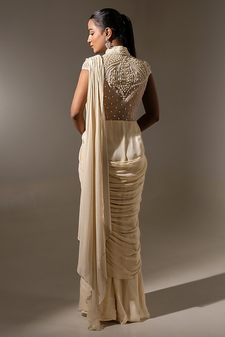 Off White Georgette Net Embellished Drape Wedding Gown Saree by K-ANSHIKA Jaipur at Pernia's Pop Up Shop