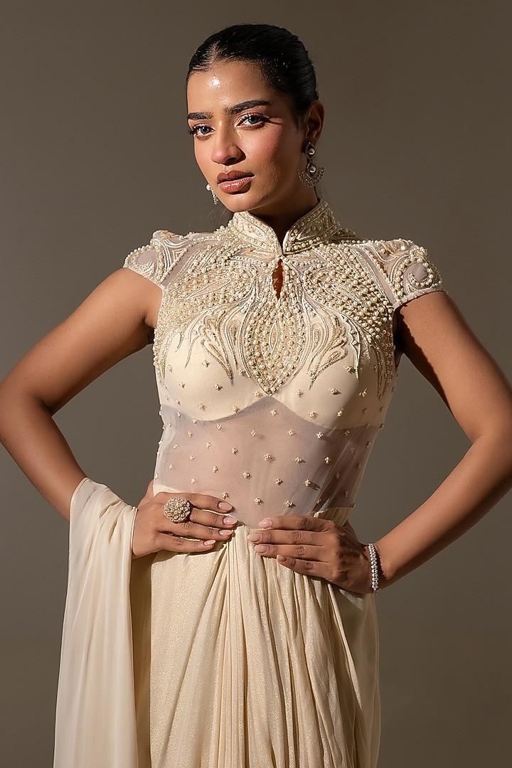 Off White Georgette Net Embellished Drape Wedding Gown Saree by K-ANSHIKA Jaipur at Pernia's Pop Up Shop