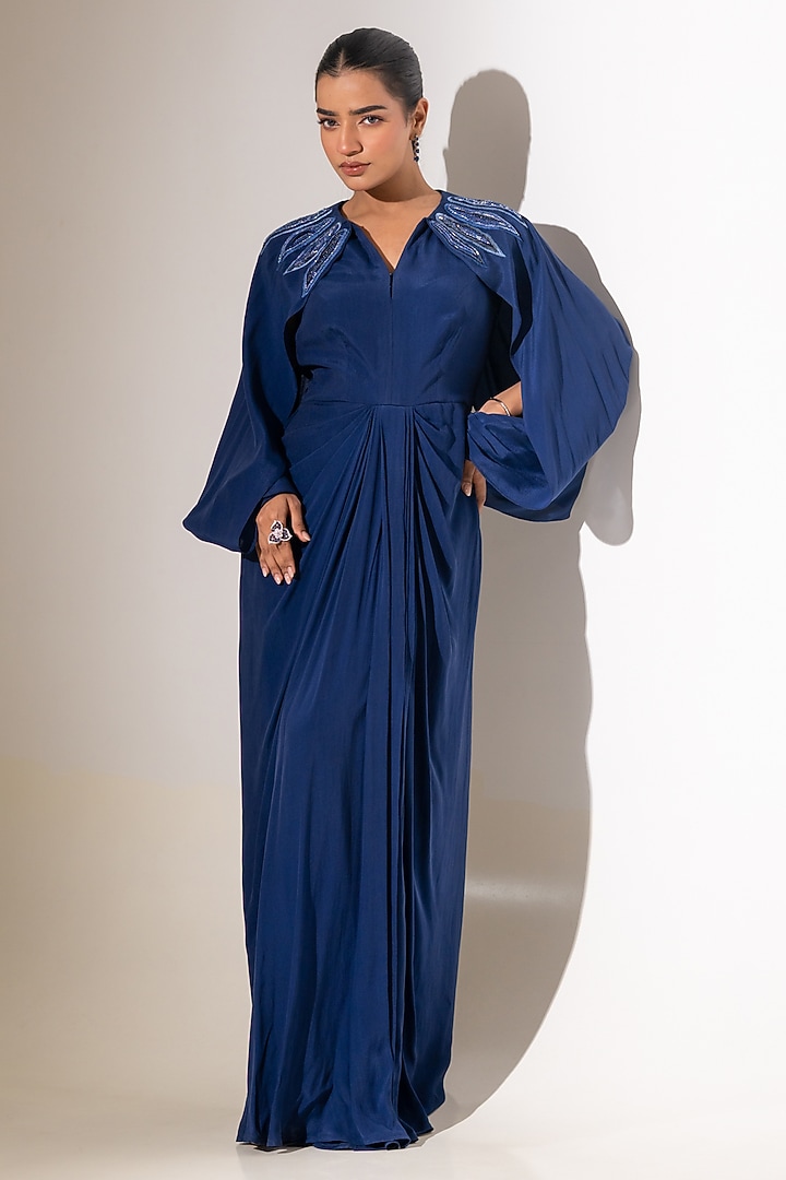 Royal Blue Crepe Embellished Draped Party Wear Gown by K-ANSHIKA Jaipur at Pernia's Pop Up Shop