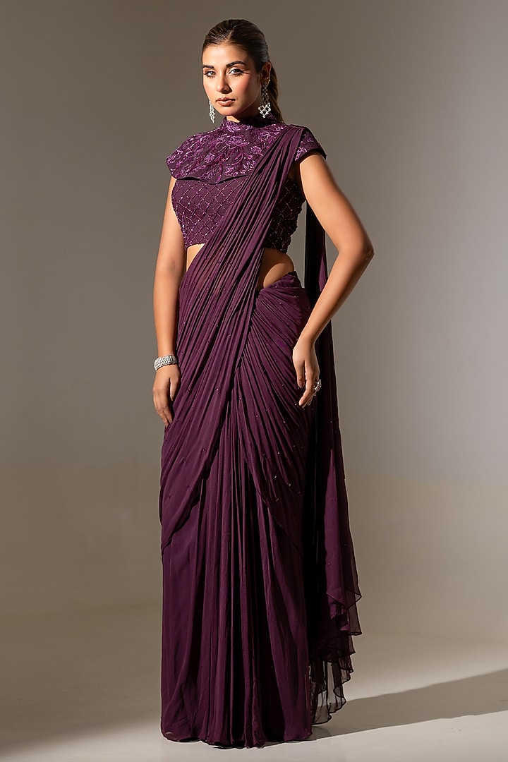 Wine Georgette Net Pre-Draped Wedding Saree Set by K-ANSHIKA Jaipur at Pernia's Pop Up Shop