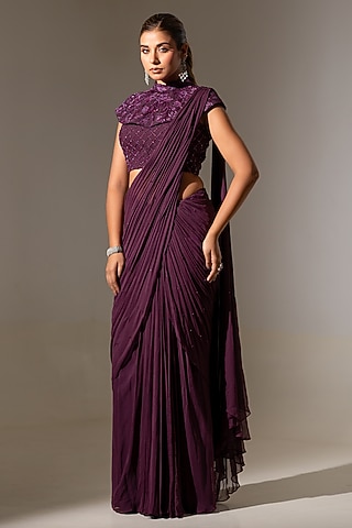 Wine Georgette Net Pre-Draped Saree Set by K-ANSHIKA Jaipur