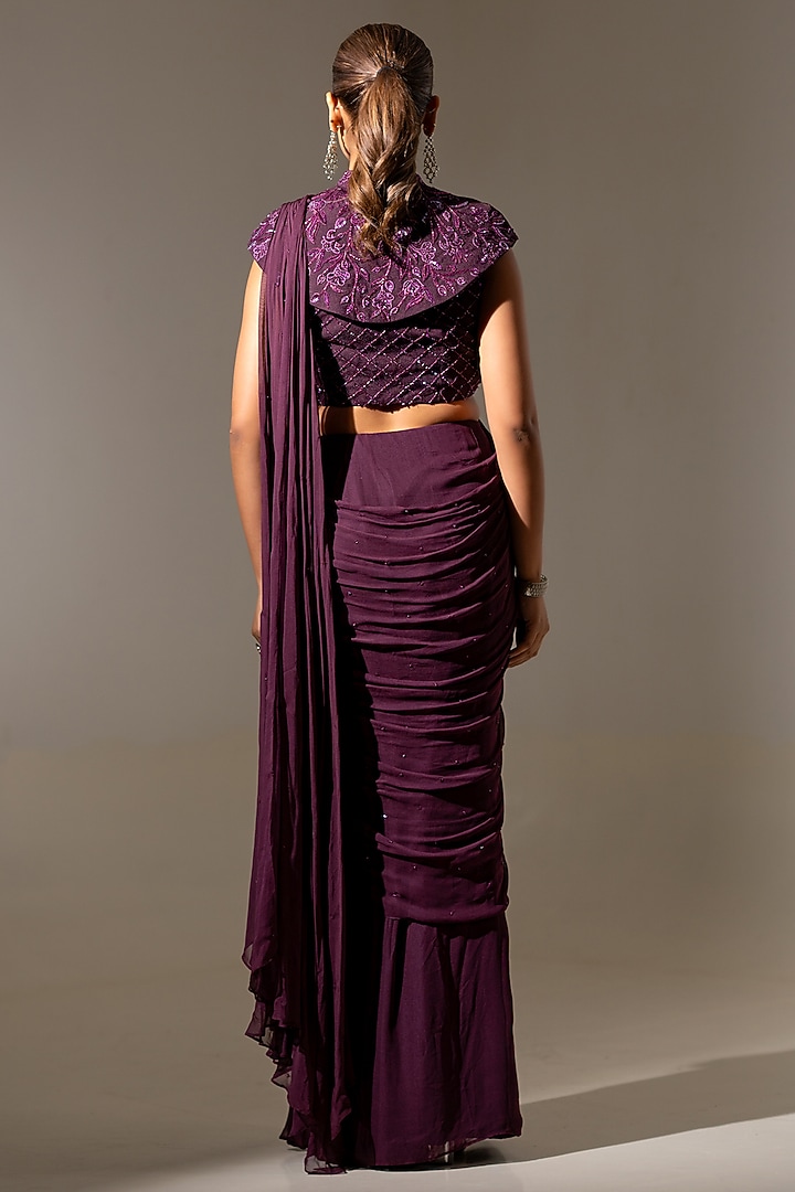 Wine Georgette Net Pre-Draped Wedding Saree Set by K-ANSHIKA Jaipur at Pernia's Pop Up Shop