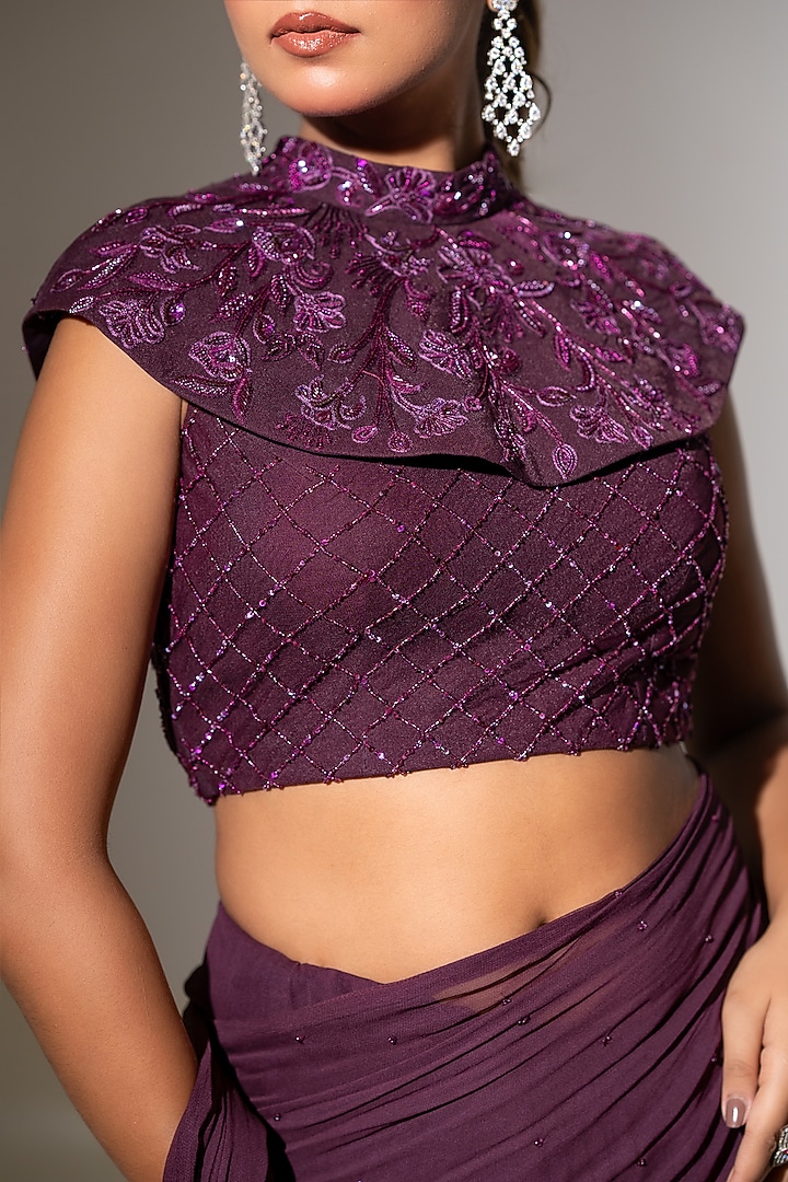 Wine Georgette Net Pre-Draped Wedding Saree Set by K-ANSHIKA Jaipur at Pernia's Pop Up Shop