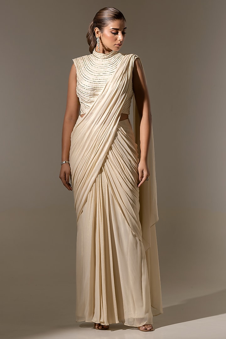 Off-White Georgette Net Hand Embellished Drape Wedding Saree Set by K-ANSHIKA Jaipur at Pernia's Pop Up Shop