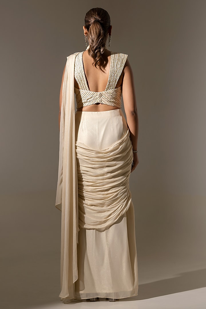 Off-White Georgette Net Hand Embellished Drape Wedding Saree Set by K-ANSHIKA Jaipur at Pernia's Pop Up Shop