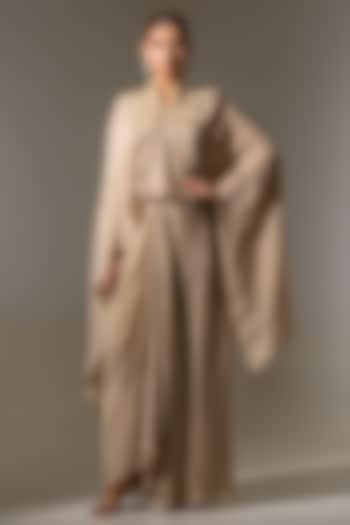 Beige Crepe Embroidered Draped Skirt Set by K-ANSHIKA Jaipur at Pernia's Pop Up Shop