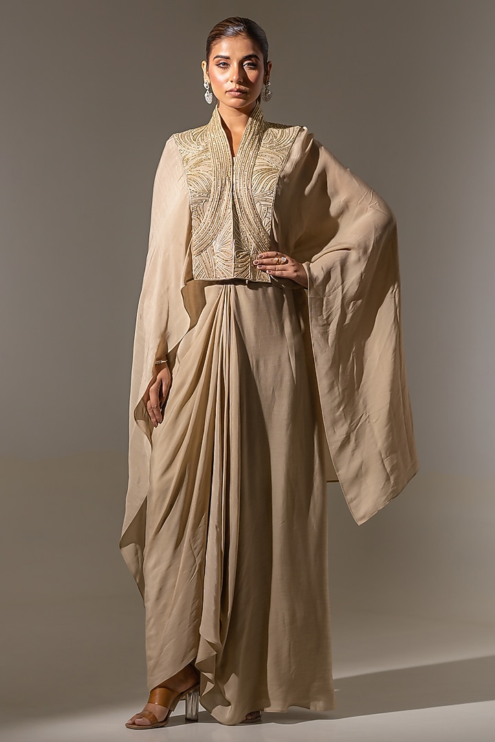 Beige Crepe Embroidered Draped Skirt Set by K-ANSHIKA Jaipur at Pernia's Pop Up Shop
