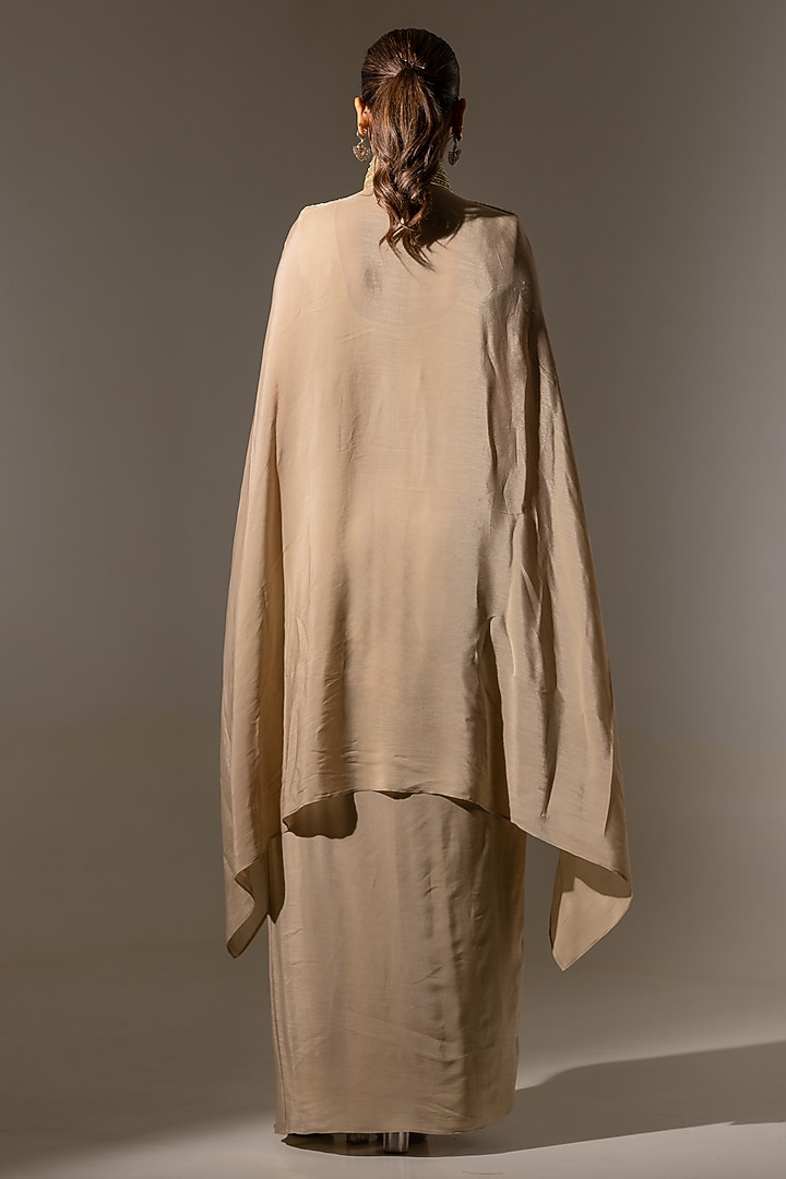 Beige Crepe Embroidered Draped Skirt Set by K-ANSHIKA Jaipur at Pernia's Pop Up Shop