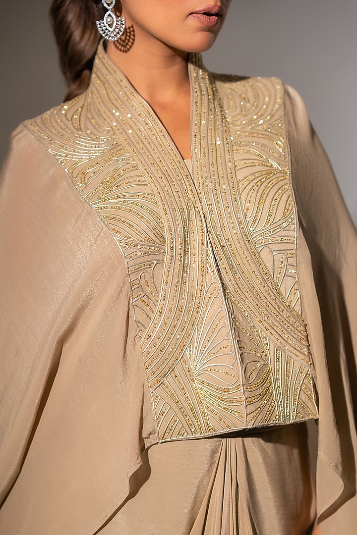 Beige Crepe Embroidered Draped Skirt Set by K-ANSHIKA Jaipur at Pernia's Pop Up Shop