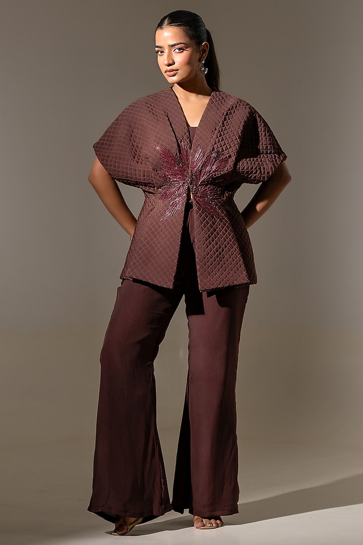 Brown Crepe Tonal Embroidered Quilted Jacket Set by K-ANSHIKA Jaipur at Pernia's Pop Up Shop