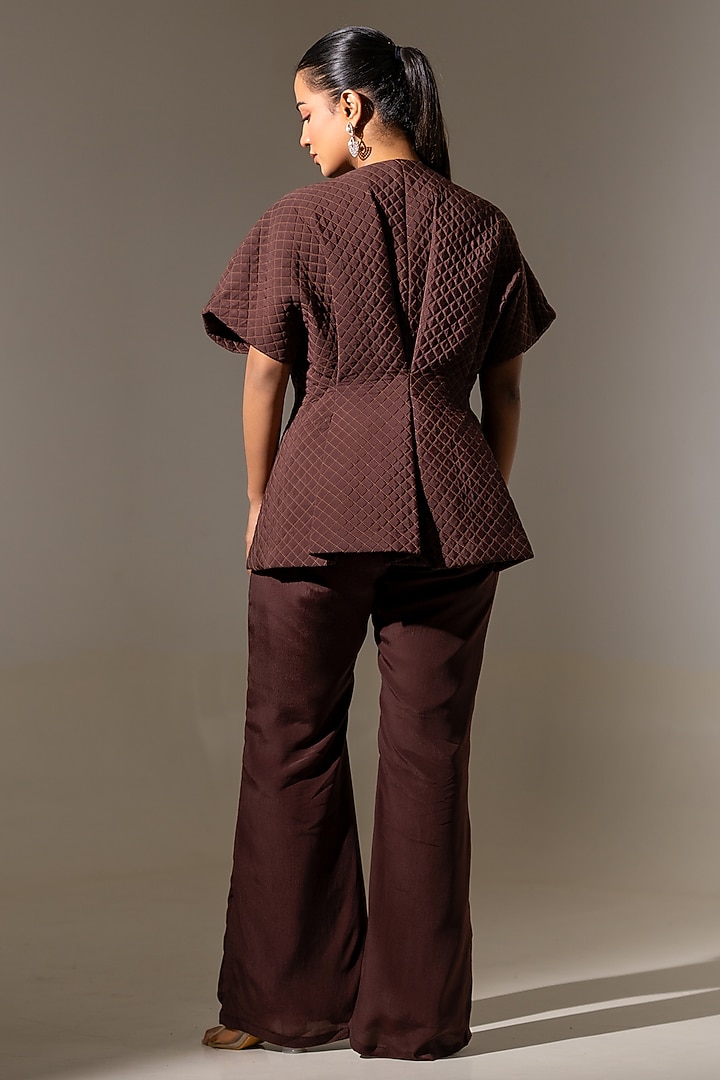 Brown Crepe Tonal Embroidered Quilted Jacket Set by K-ANSHIKA Jaipur at Pernia's Pop Up Shop