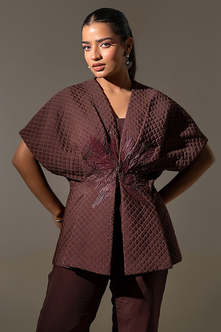 Brown Crepe Tonal Embroidered Quilted Jacket Set by K-ANSHIKA Jaipur at Pernia's Pop Up Shop