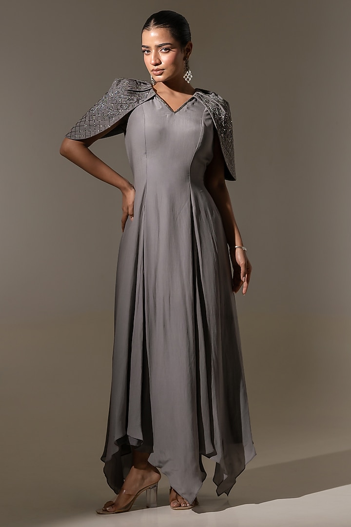 Grey Crepe Embroidered Handkerchief Hem Engagement Gown by K-ANSHIKA Jaipur at Pernia's Pop Up Shop