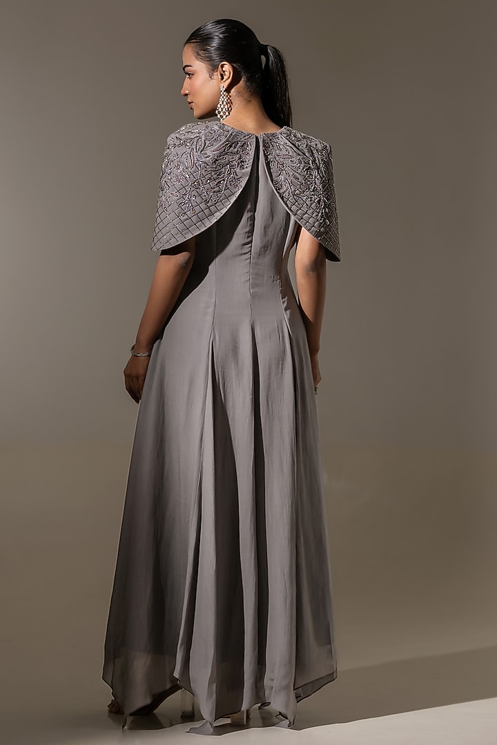 Grey Crepe Embroidered Handkerchief Hem Engagement Gown by K-ANSHIKA Jaipur at Pernia's Pop Up Shop