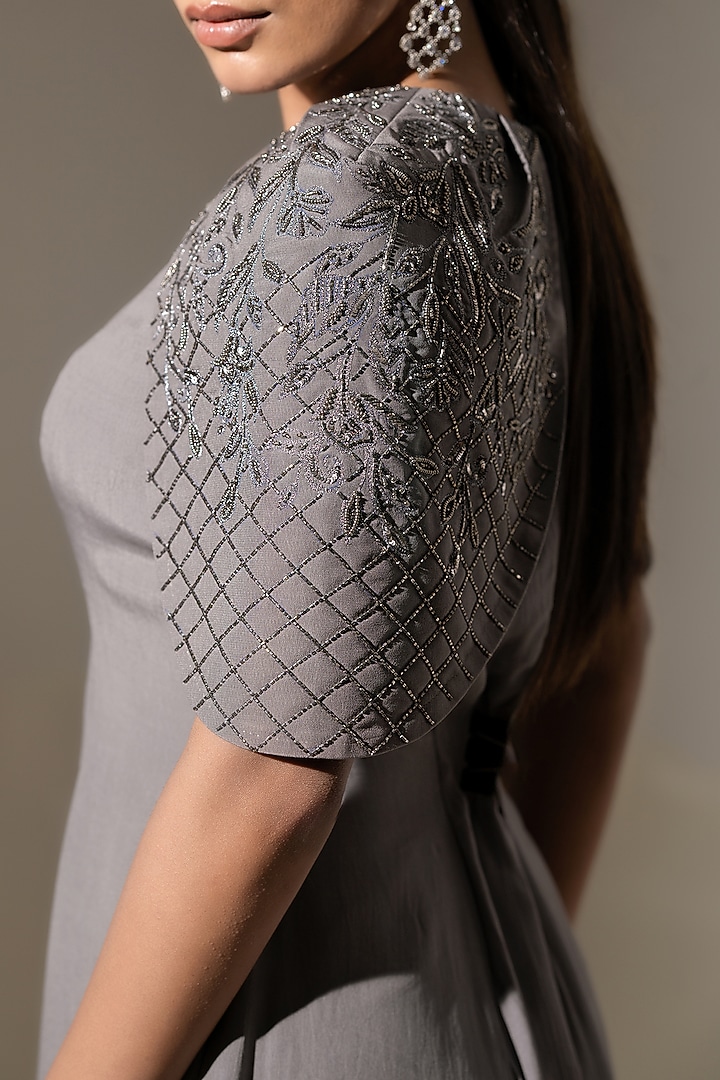Grey Crepe Embroidered Handkerchief Hem Engagement Gown by K-ANSHIKA Jaipur at Pernia's Pop Up Shop