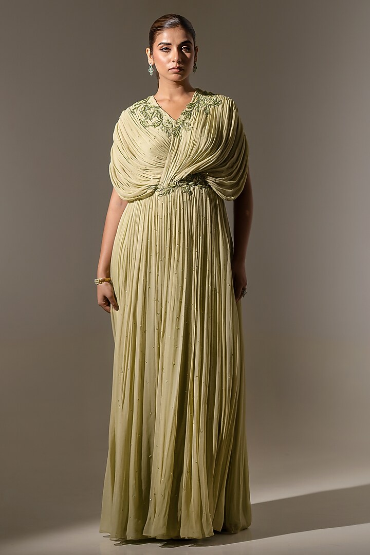 Pista Green Georgette Embroidered Drape Engagement Gown by K-ANSHIKA Jaipur at Pernia's Pop Up Shop