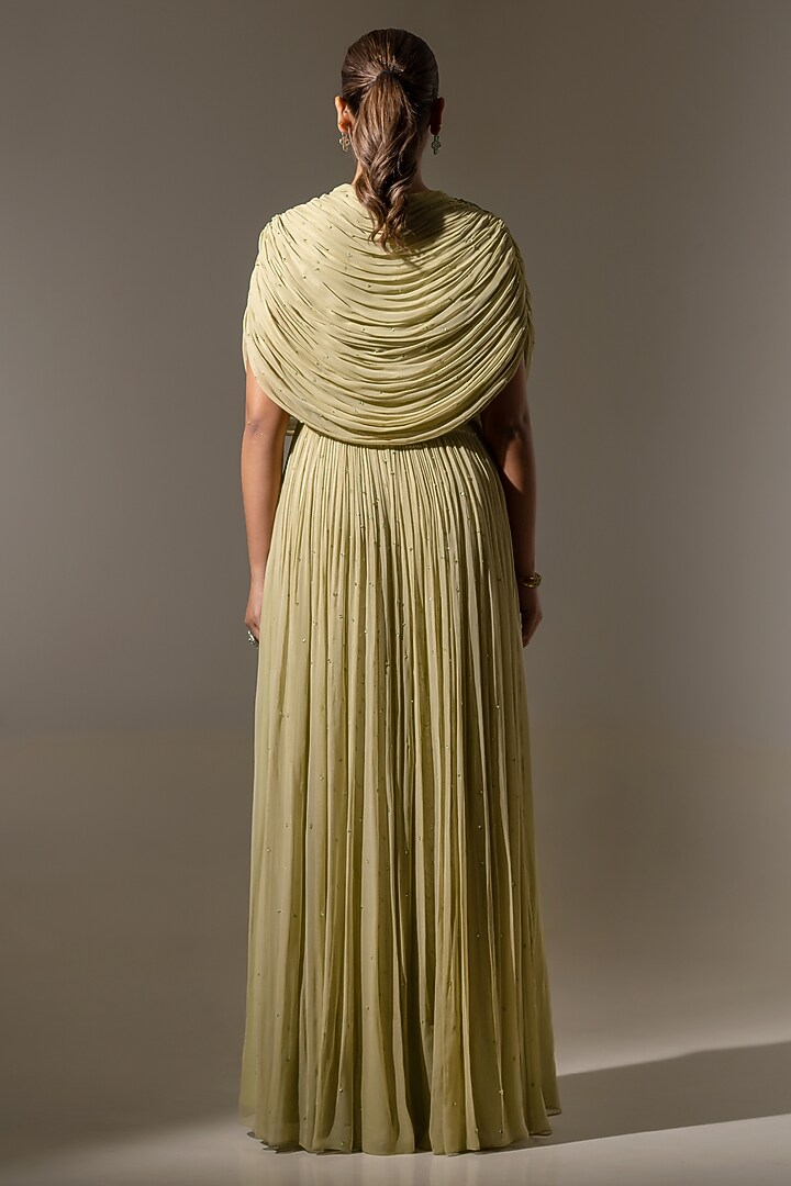 Pista Green Georgette Embroidered Drape Engagement Gown by K-ANSHIKA Jaipur at Pernia's Pop Up Shop