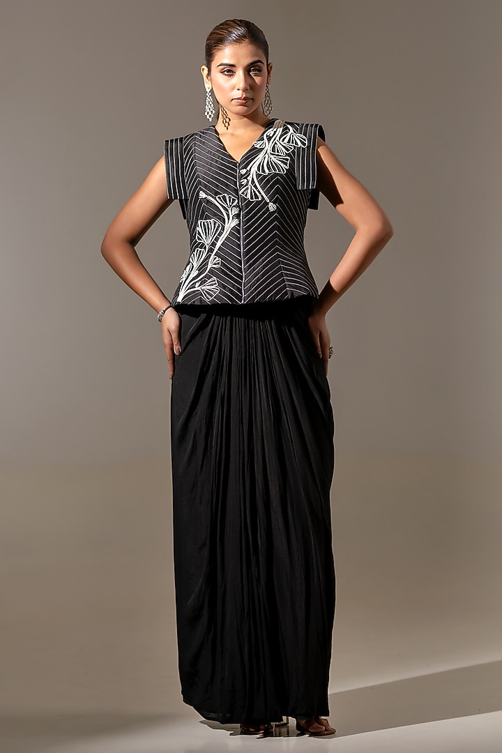 Black Crepe Floral Embroidered Jacket Set by K-ANSHIKA Jaipur at Pernia's Pop Up Shop