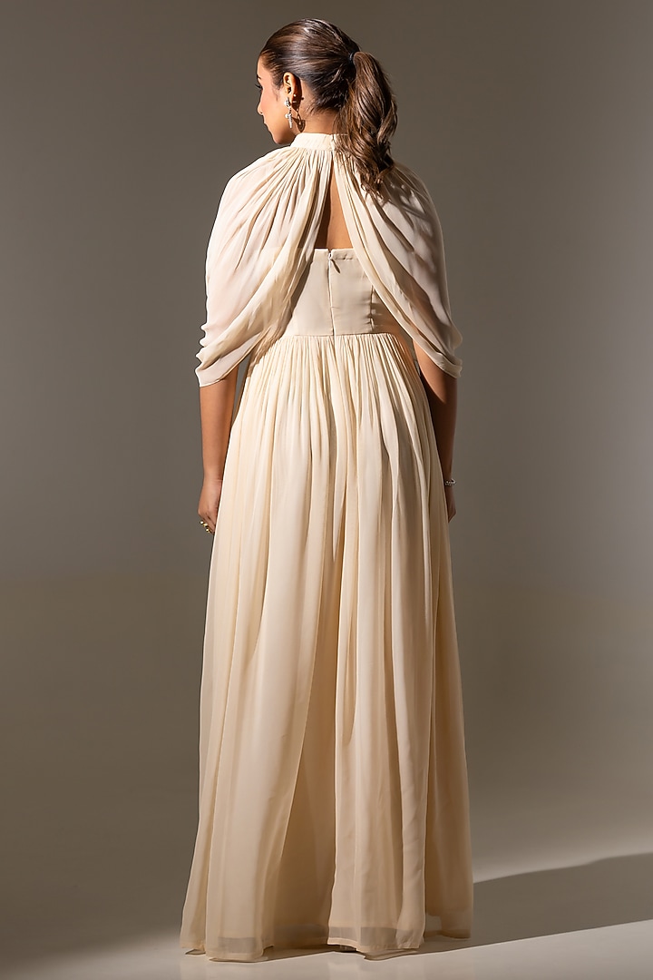 Off White Georgette Flowy Engagement Gown With Cape by K-ANSHIKA Jaipur at Pernia's Pop Up Shop