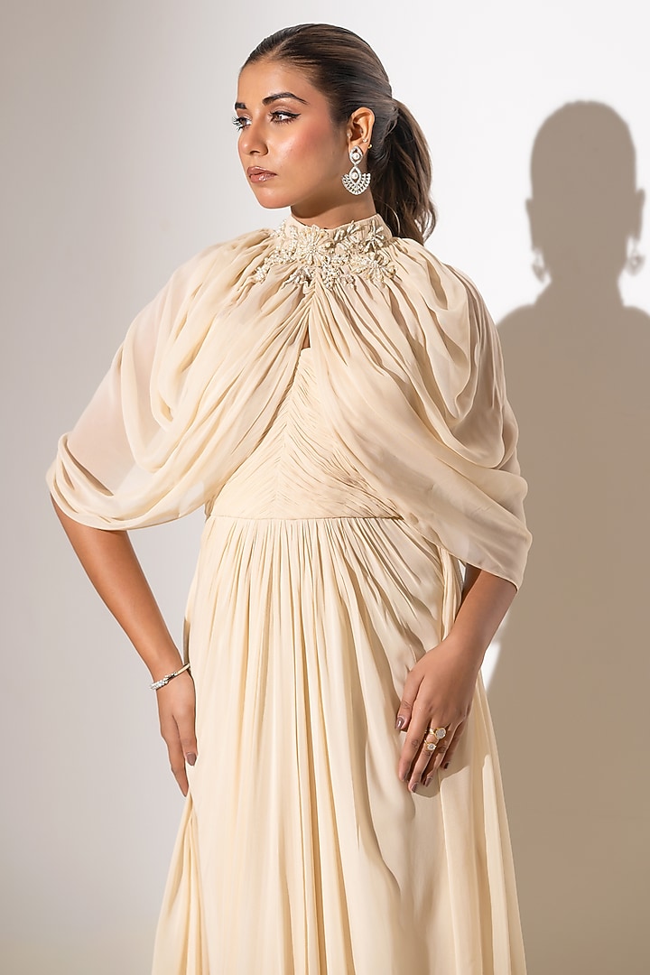 Off White Georgette Flowy Engagement Gown With Cape by K-ANSHIKA Jaipur at Pernia's Pop Up Shop