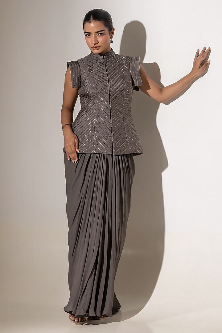 Grey Crepe Geometric Sequin Embellished Jacket Set by K-ANSHIKA Jaipur at Pernia's Pop Up Shop
