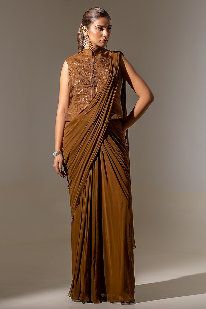 Brown Viscose Silk Georgette Embroidered Drape Wedding Saree Set by K-ANSHIKA Jaipur at Pernia's Pop Up Shop