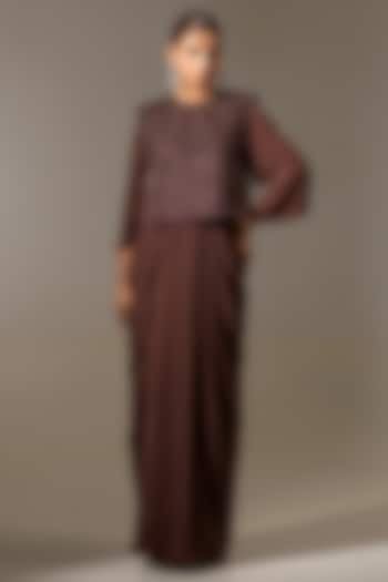 Brown Crepe & Net Embellished Draped Engagement Gown With Jacket by K-ANSHIKA Jaipur at Pernia's Pop Up Shop