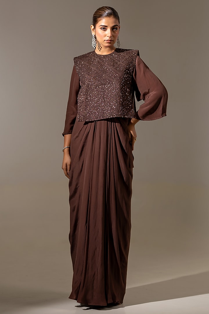 Brown Crepe & Net Embellished Draped Engagement Gown With Jacket by K-ANSHIKA Jaipur at Pernia's Pop Up Shop