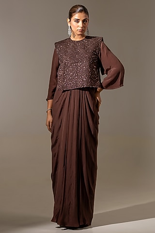 Brown Crepe & Net Embellished Draped Gown With Jacket by K-ANSHIKA Jaipur