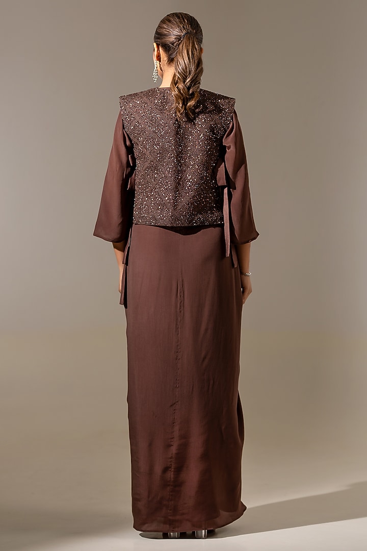 Brown Crepe & Net Embellished Draped Engagement Gown With Jacket by K-ANSHIKA Jaipur at Pernia's Pop Up Shop