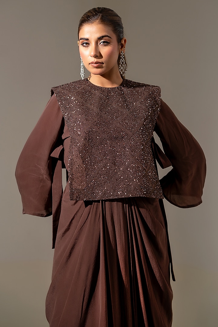 Brown Crepe & Net Embellished Draped Engagement Gown With Jacket by K-ANSHIKA Jaipur at Pernia's Pop Up Shop