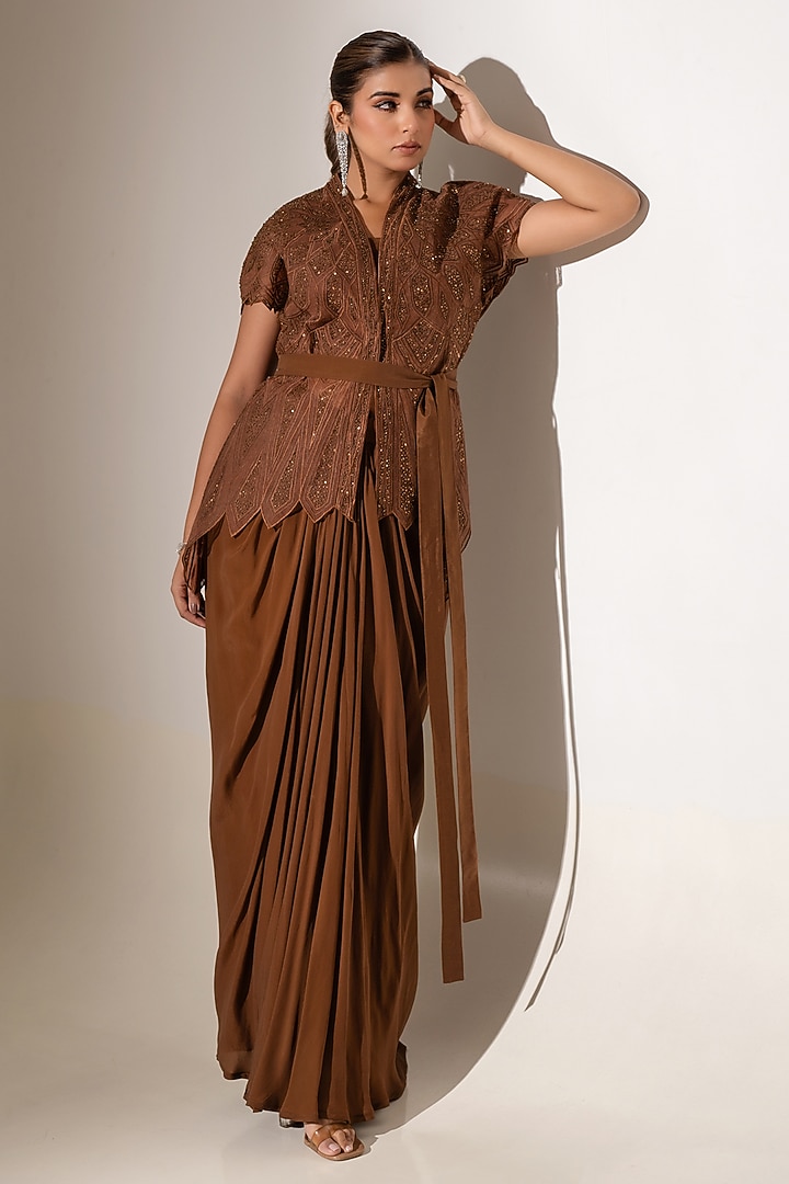 Brown Crepe & Net Geometric Embellished Skirt Set by K-ANSHIKA Jaipur at Pernia's Pop Up Shop